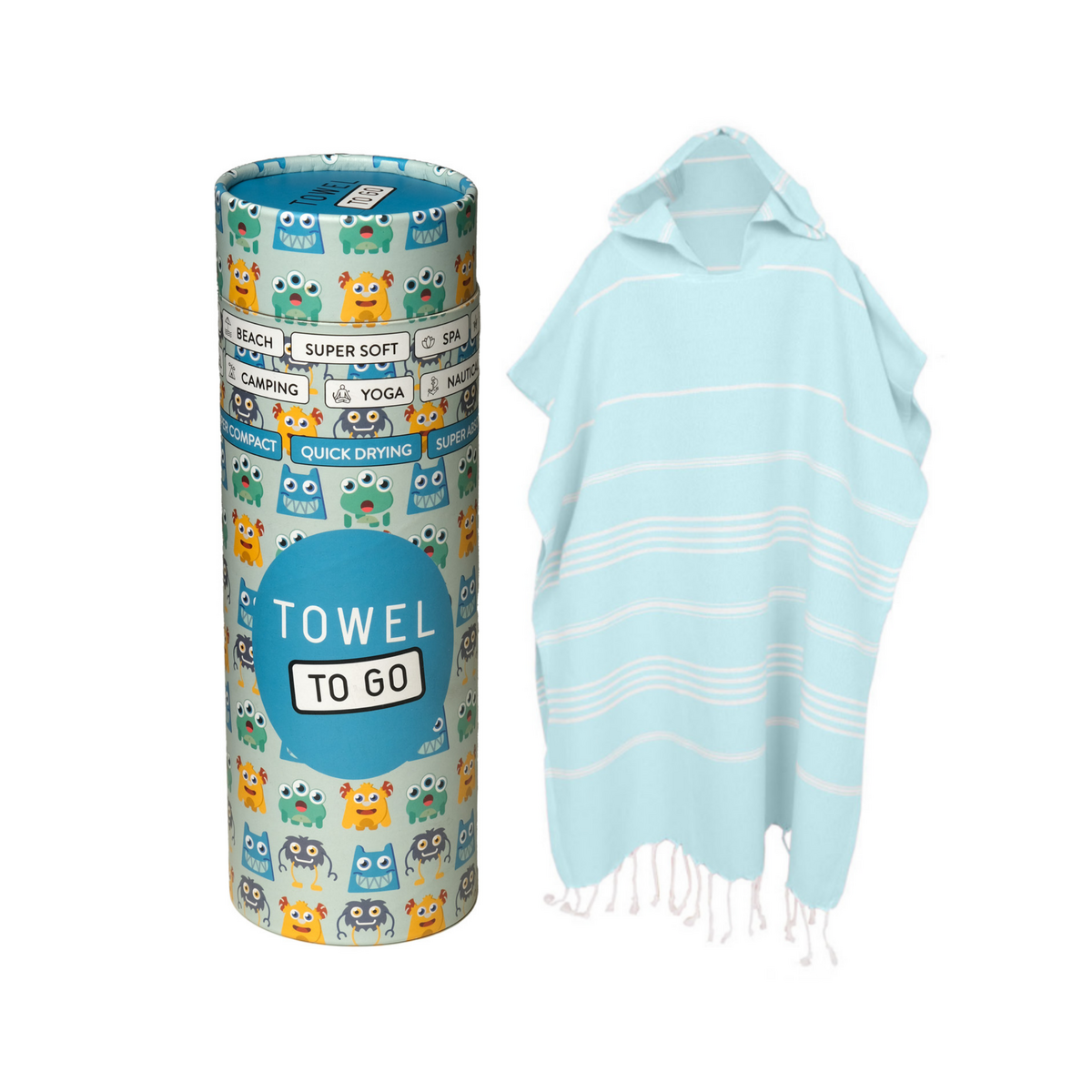 HANDDOEK TO GO IPANEMA KIDS Katoenen strandponcho 60x48 cm | Sneldrogende luierhanddoek | Blauw | met geschenkdoos