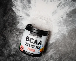 BCAA powder supplement in ice tea peach flavor, 200g container