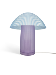 A round, tall table lamp with a pleated glass shade in various color combinations, including jade-peach, light blue-lavender, light blue-cherry rose, white-gold yellow, gold yellow-light blue, light blue-violet, strawberry-dark emerald, and strawberry-royal blue.