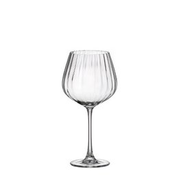 Set of 6 tall, clear glass gin and tonic glasses with vertical ribbed design. Ideal for serving cocktails and mixed drinks.