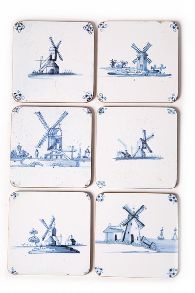 Sottobicchieri, piastrelle blu di Delft - mulini a vento