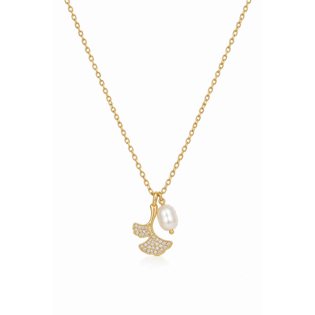 Ginkgo Pearl Drop – Collana Foglia Ginkgo con Perla