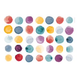Colorful desk pad or craft pad with a repeating dot pattern in various shades of red, blue, yellow, and purple.