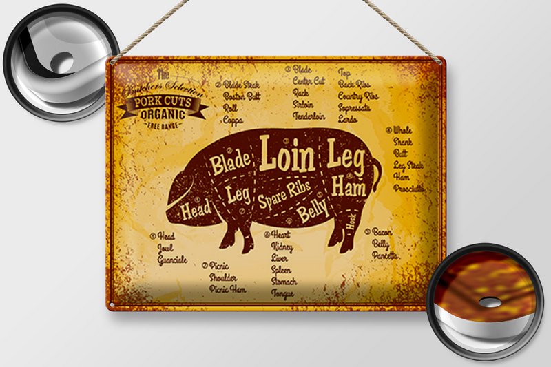 Tin sign butcher shop 40x30cm Pig Pork cuts organic