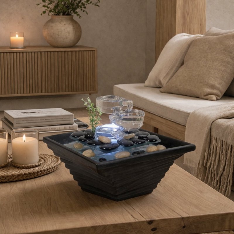 Indoor Fountain - Himalaya - Crystal Line in Glass and Ceramic - Meditation Decoration - White Light - Decorative Gift Idea