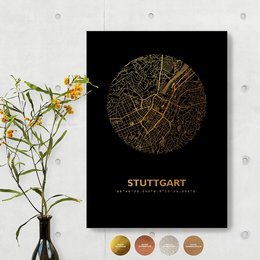 Round wall art featuring a map of Stuttgart, Germany in various color options including gold, copper, rose gold, silver, and white. Available in two sizes: 30 x 42 cm and 21 x 30 cm.