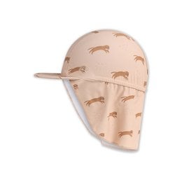 Beige sun cap with brown fox print, designed for children aged 0-4 years, suitable for swimming and outdoor activities.