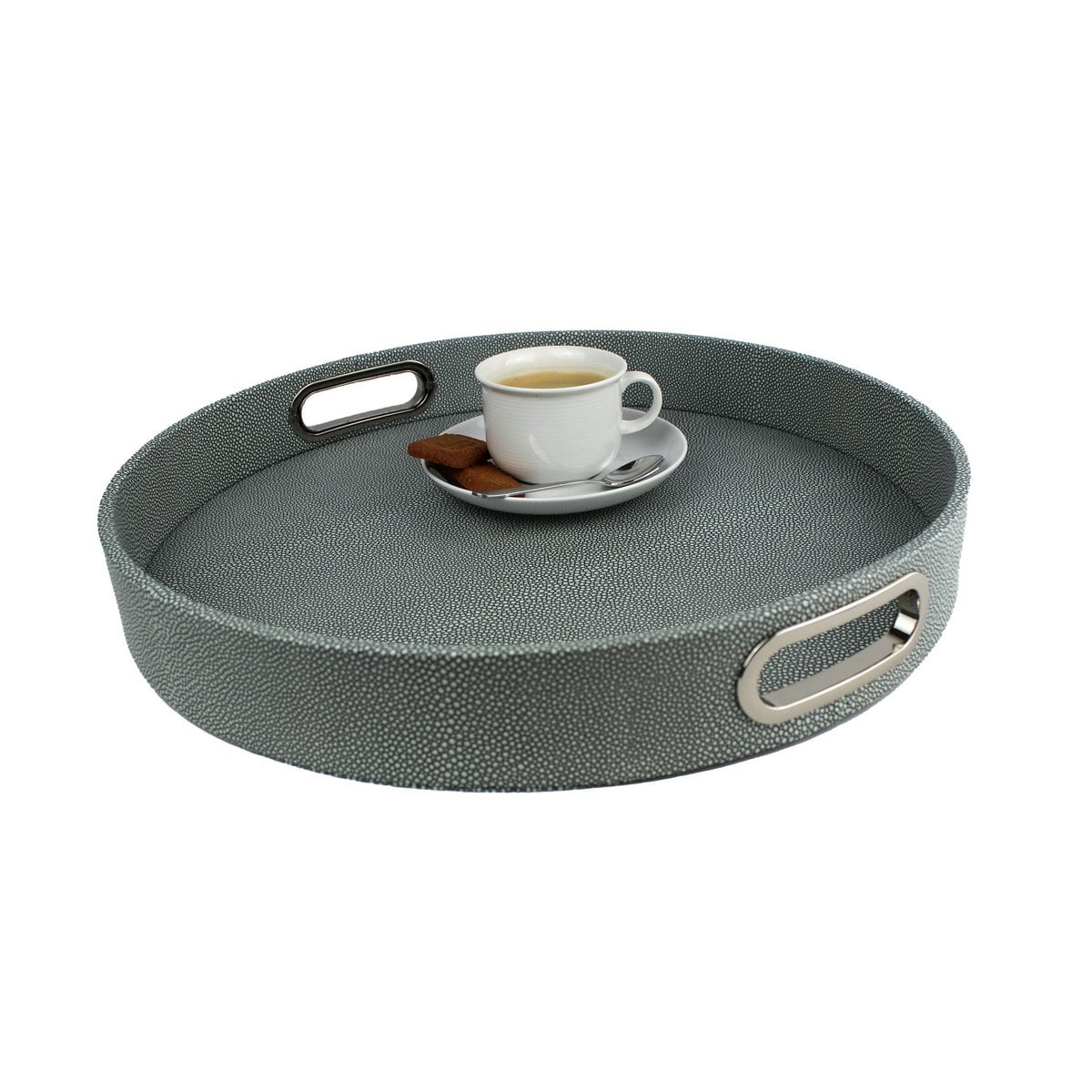 Plateau rond simili cuir galuchat bleu avec anses inox
