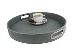 Plateau rond simili cuir galuchat bleu avec anses inox
