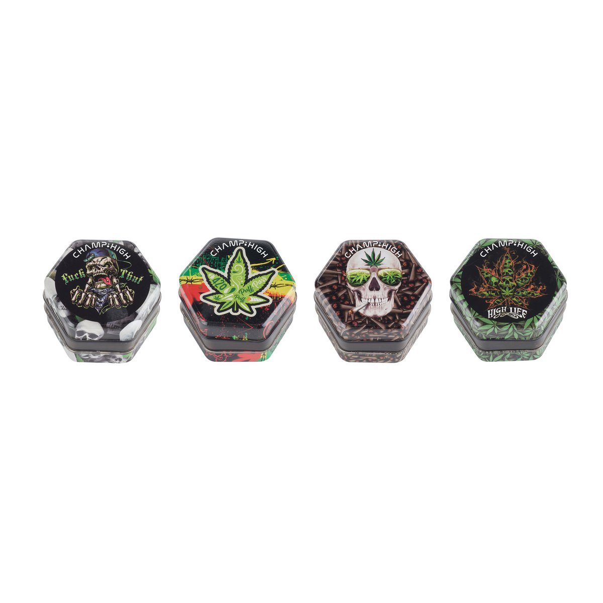 Display van 6 zeshoekige plastic kruidenmolens - Ontwerp met schedel en bladeren