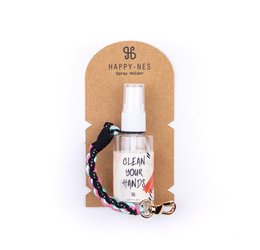 A pink hand sanitizer spray bottle with a colorful strap attached. The bottle has a label that says "Clean your hands" and the strap has various beads and charms on it.