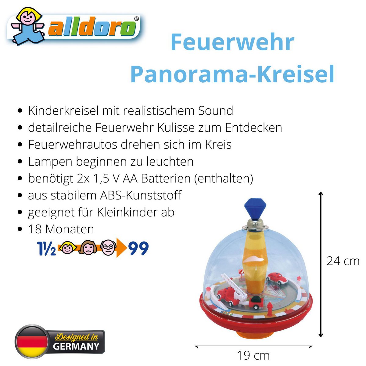 Fire brigade panorama spinning top for children, with sound and moving elements, Ø 19 cm