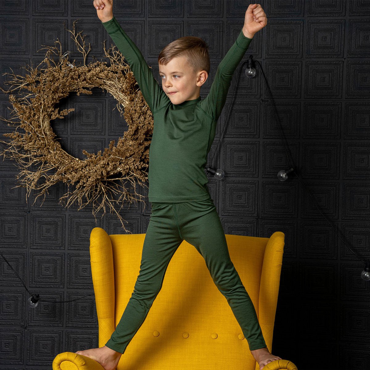 Ensemble 2 pièces manches longues et bas 160 pour enfants, vert foncé