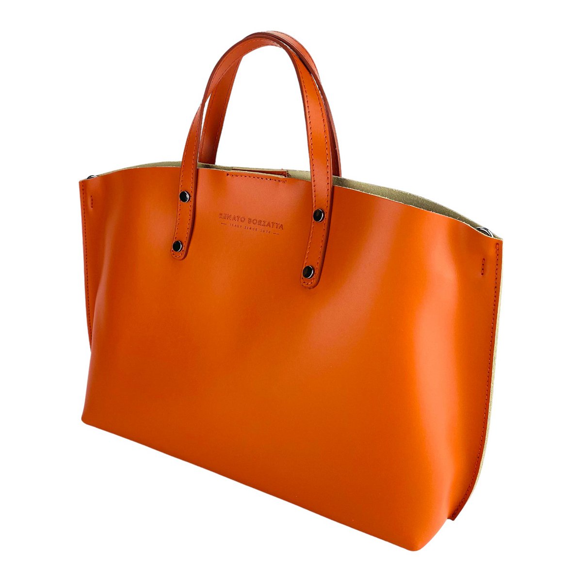 RB1024AM | Borsa Donna a Mano in Vera Pelle Made in Italy con tracolla removibile. Sacca grande interna estraibile. Accessori Canna di Fucile Lucido - Colore Paprika - Dimensioni: cm 48x31x11