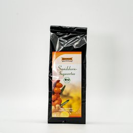 "Organic sea buckthorn ginger tea, black pouch packaging, warm amber liquid, herbal blend"