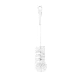 White nylon bottle brush with long handle for cleaning bottles and containers.