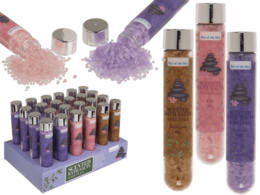  Scented bath salts in purple, pink, brown colors with lavender and floral scents for relaxation.