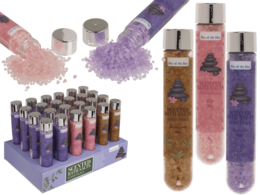 Scented bath salts in purple, pink, brown colors with lavender and floral scents for relaxation.