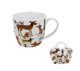  Colorful ceramic mug with infuser and giftbox, featuring whimsical cat and furniture illustrations. Ideal for tea or coffee.