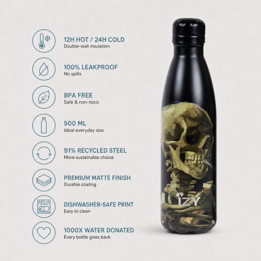 Botella de Izy Thermos - Calavera con un cigarrillo ardiente - Van Gogh 500ml para llevar botellas de agua aisladas