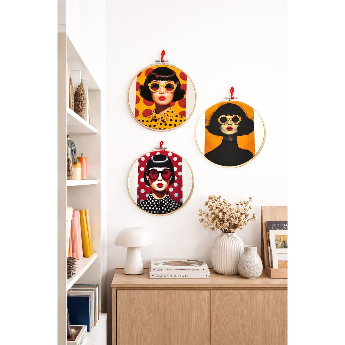 Vintage Pop Glam – Ensemble de décoration murale portrait brodé 15 cm (3 pièces)