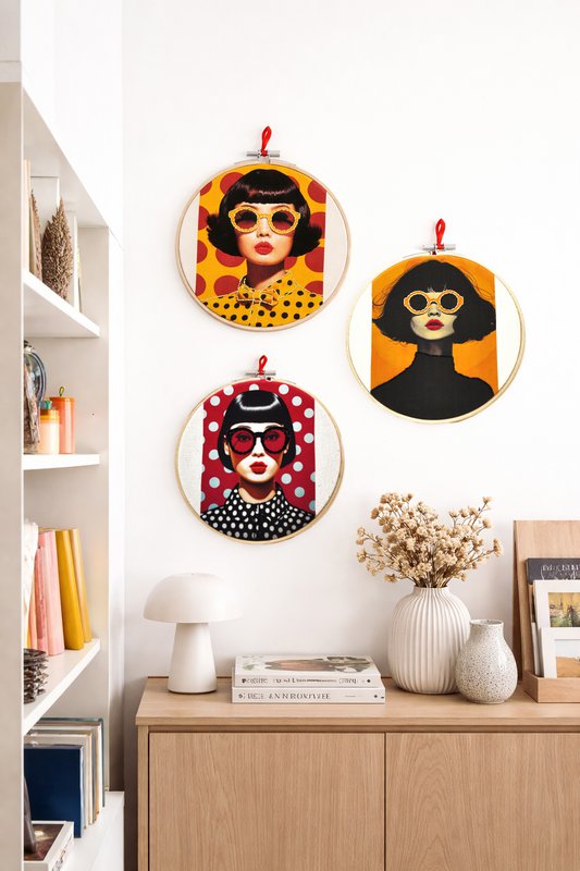 Vintage Pop Glam – Embroidered Portrait Wall Art Set 15cm (3 pieces)