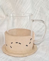 "Papier-mache mug holder with ant design, beige natural color, cute insect pattern, glass mug cozy"
