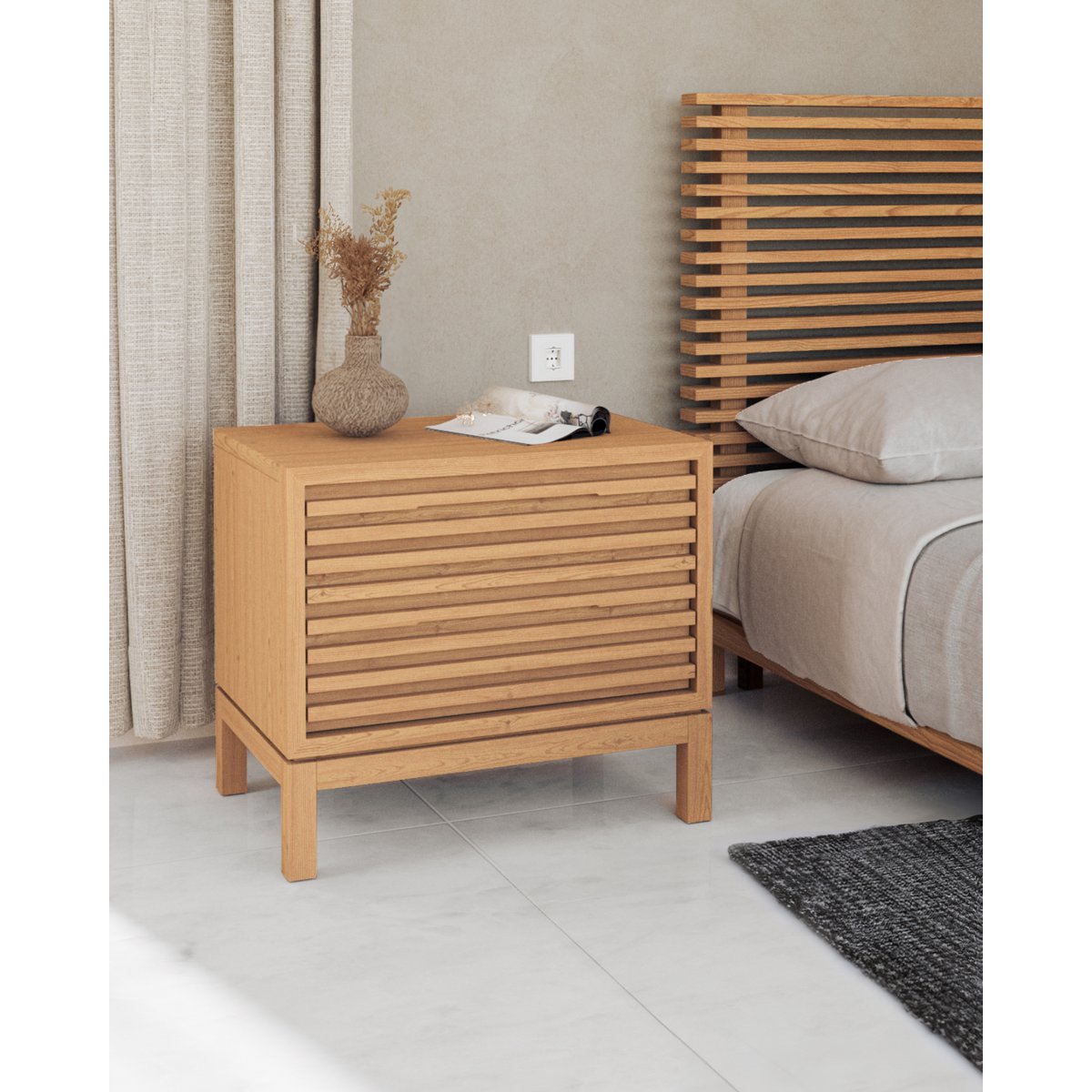 Table de chevet à deux tiroirs en bois de frêne Tanner en lin