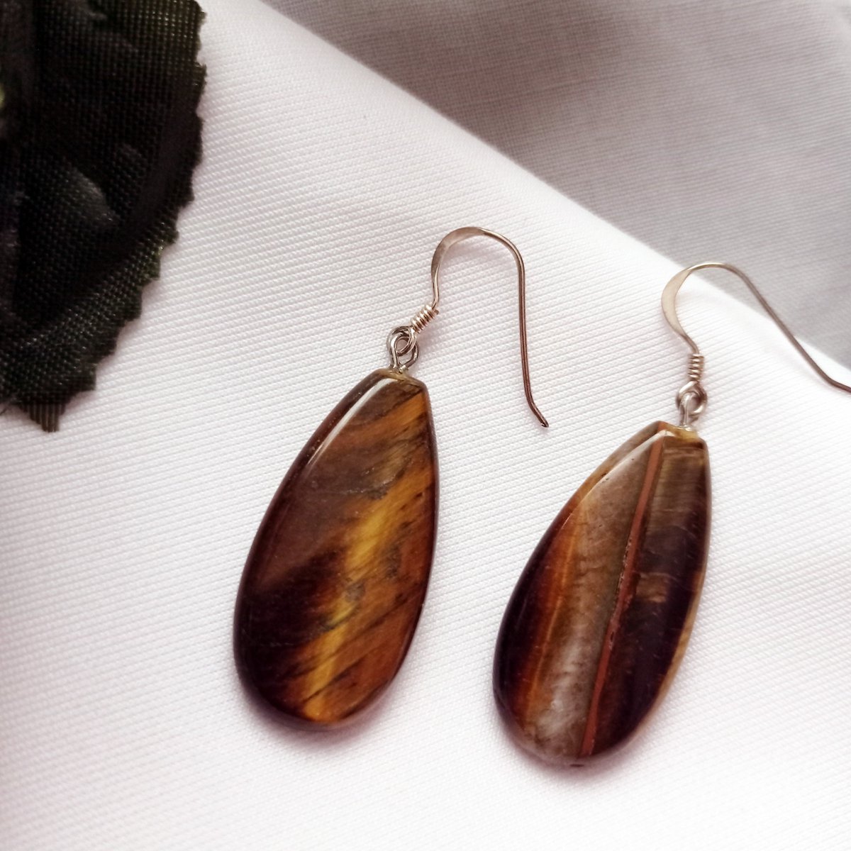 Tiger Eye Sterling Silver Earrings, Tiger Eye Teardrops, Tiger Eye Drop Earrings, Gemstone Earrings | by nlanlaVictory