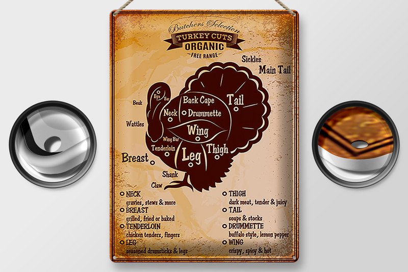 Tin sign butcher shop 30x40cm Turkey Turkey cuts Organic