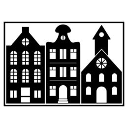 Sticker featuring a black and white silhouette design of several cottages or small houses. The sticker is available in various color variants including black, white, gold, and static window film.
