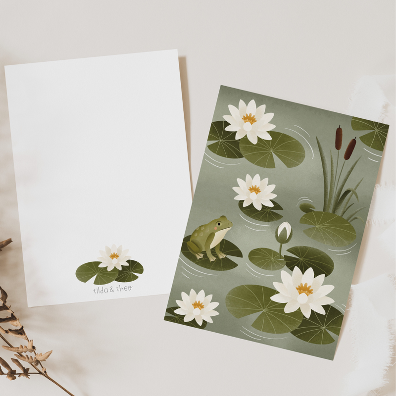 Postcard pond water lilies greeting card frog - postcard spring water lily pond