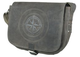 Gray canvas shoulder bag with compass logo, adjustable strap, and zippered compartment.