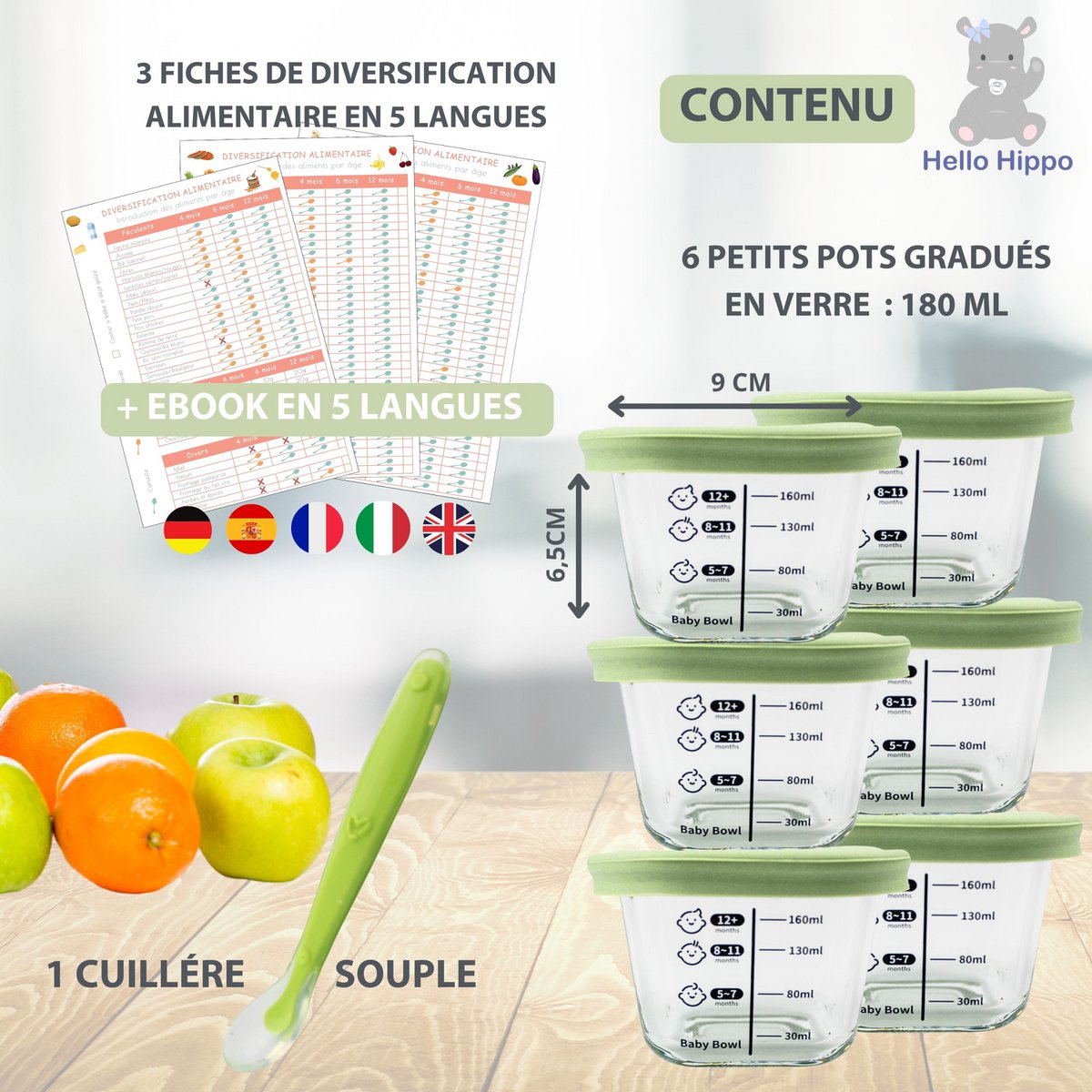 Lots of 6 small baby pots 160ml - Ideals for compotes, purees and fruits, hermetics and practices with graduation, spoon included - perfect for baby meals