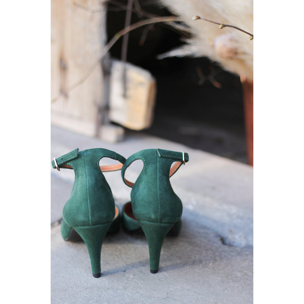 Handgemaakte Suède hakken (8 cm) - Vivienne - Groene Vintage Schoenen 35-42