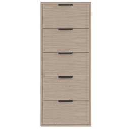 A 5-door shoe rack in a modern, Nordic-inspired design. Made of durable wood-like material in a light beige color. Features 5 spacious compartments for storing shoes and other items. Sleek and minimalist style suitable for entryways, closets, or bedrooms.