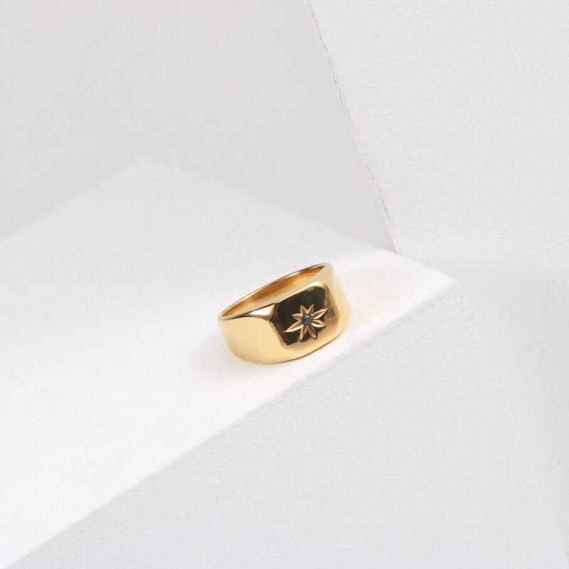 Doneen - Anello con sigillo a stella in cristallo nero