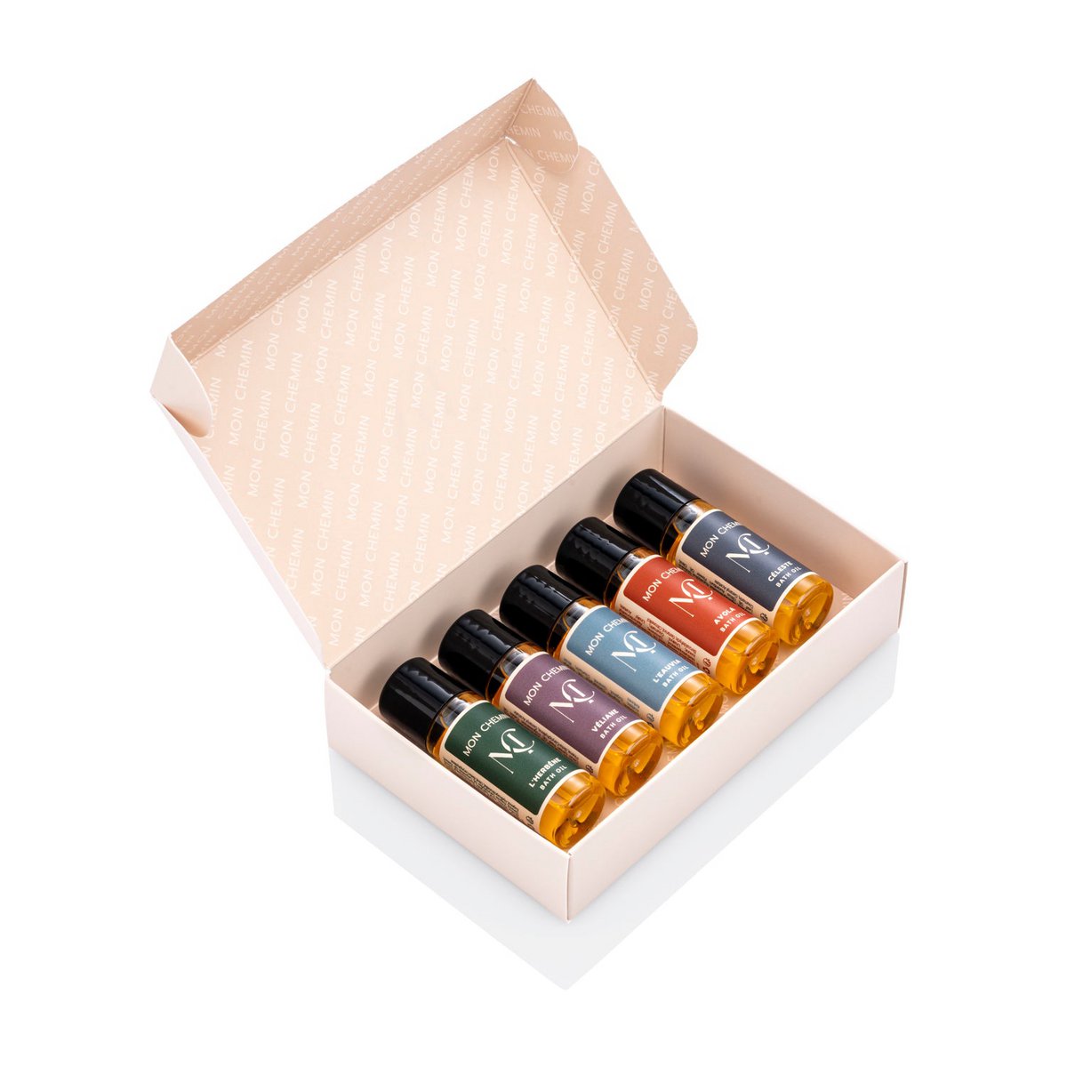 Mon Chemin® Badeöl-Entdeckungsset – Fünf Miniatur-Badeöle in luxuriöser Geschenkverpackung