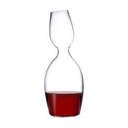 A tall, slender glass decanter with a unique hourglass shape, suitable for serving and aerating red wine.