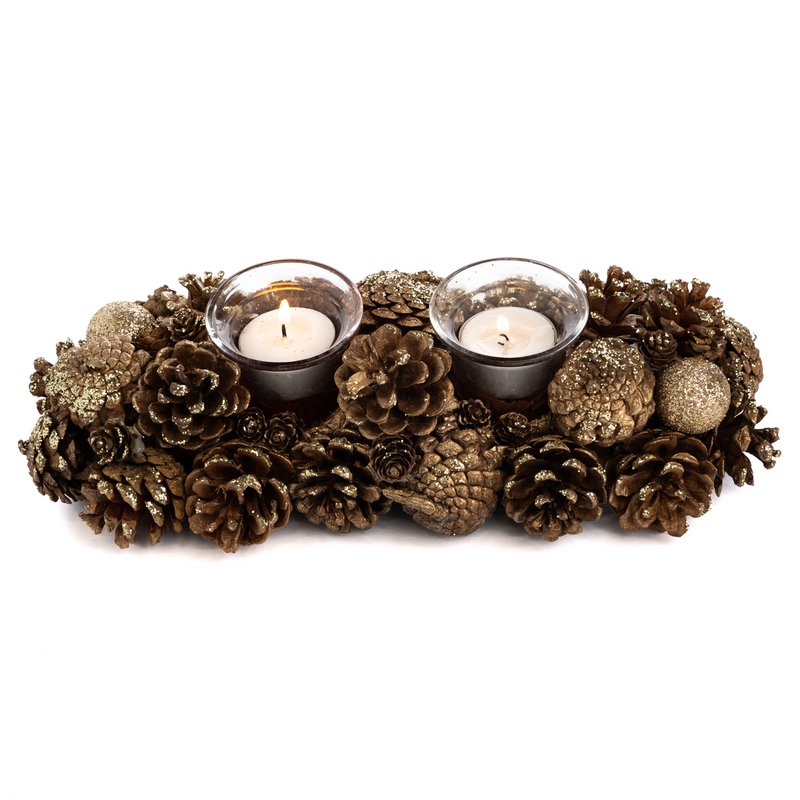GLSS GLT BALL/PINEC.2 VOT.HOLDER GLD 32,5CM INTODS