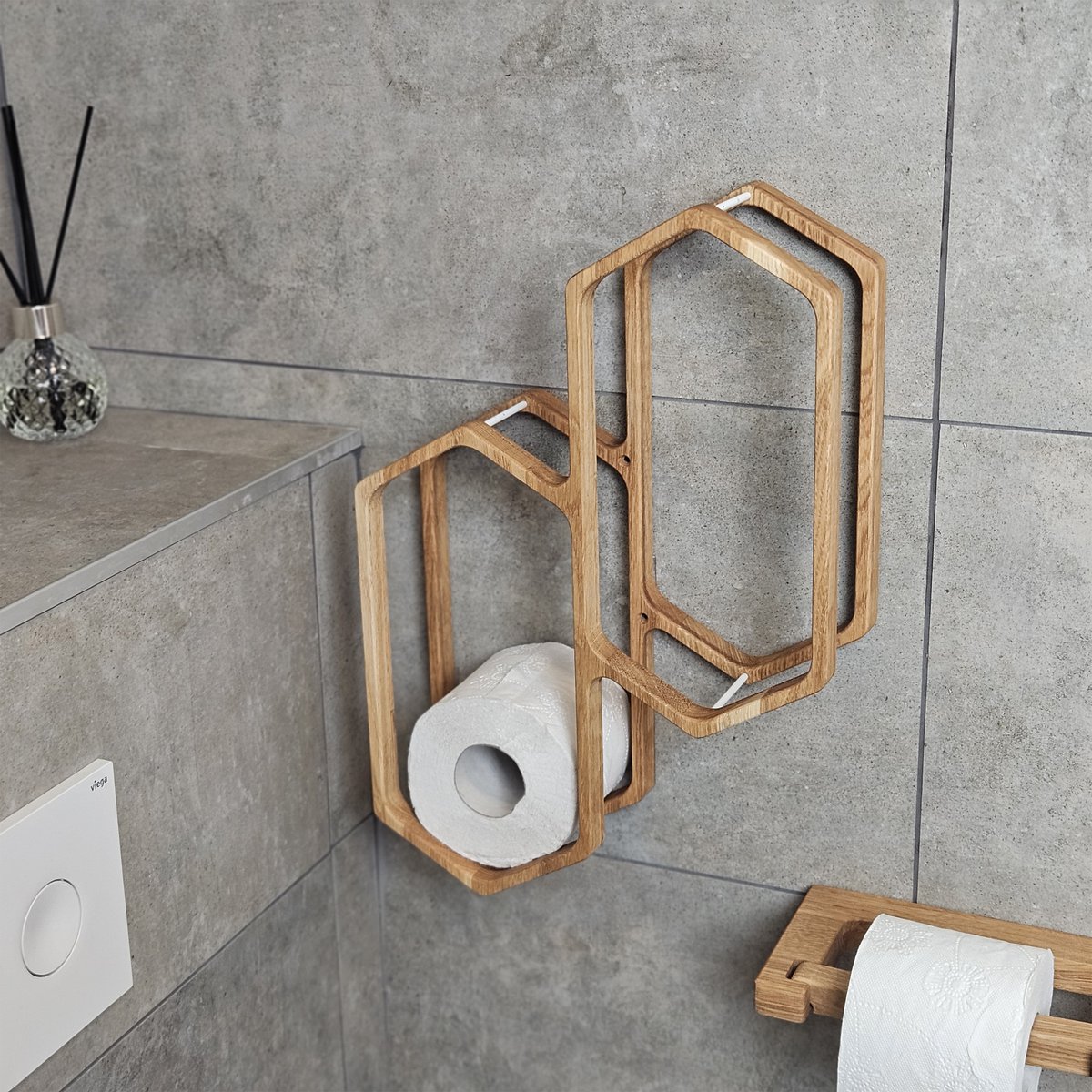 Toiletpapirholder til vægmontering, træbadeværelse opbevaringsstativ til 4 ruller, kompakt arrangør til badeværelser
