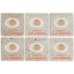 Stone coaster set with "Spaghetti alla carbonara" design, made of durable material, suitable for protecting surfaces from hot or cold dishes.