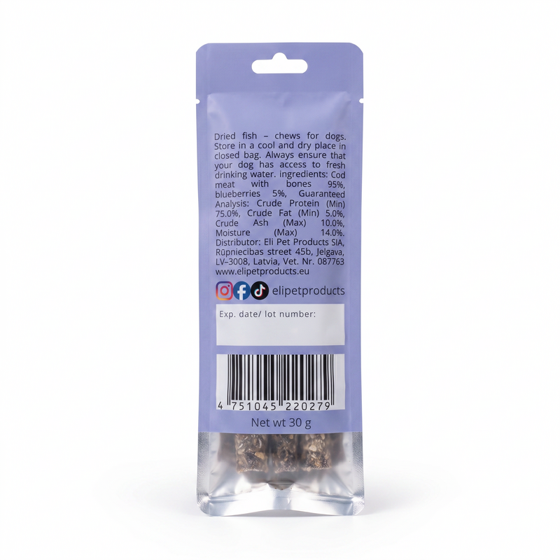 Dried Cod Sticks With Blueberries Natural Dog Treats 30 g