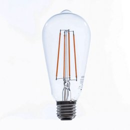 Clear glass LED filament Edison light bulb with warm-toned filament.