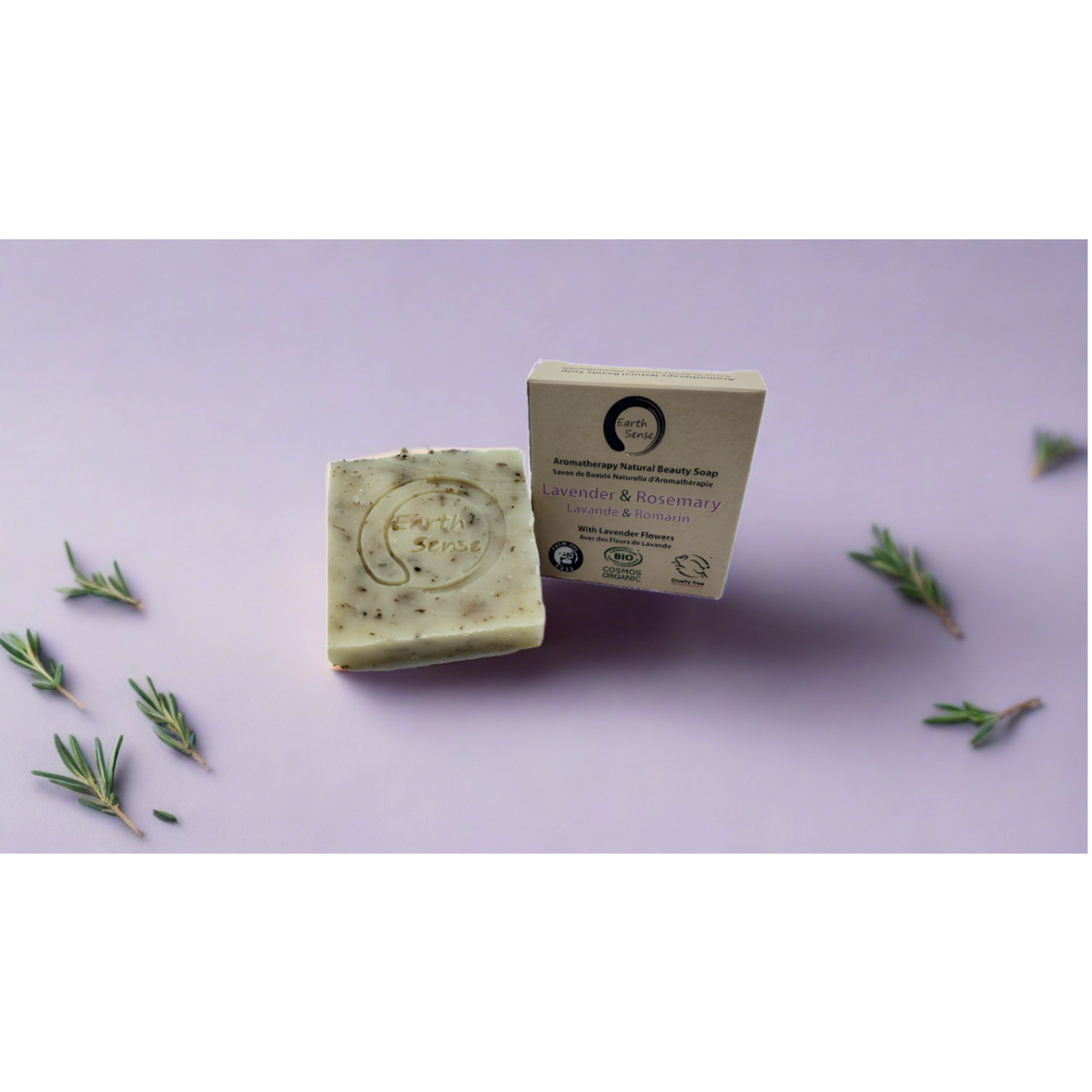 Organic Certified Solid Soap - Lavender & Rosemary with Lavender flowers 90g