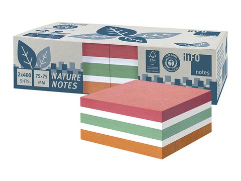 Infonotities 75x75mm assorti gerecyclede doos 2x400 vel