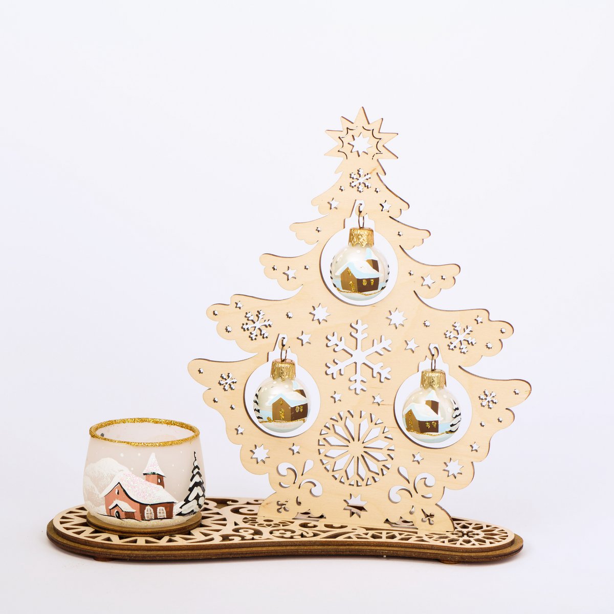 Tannenbaum Set mit Windlicht und Weihnachtskugeln
