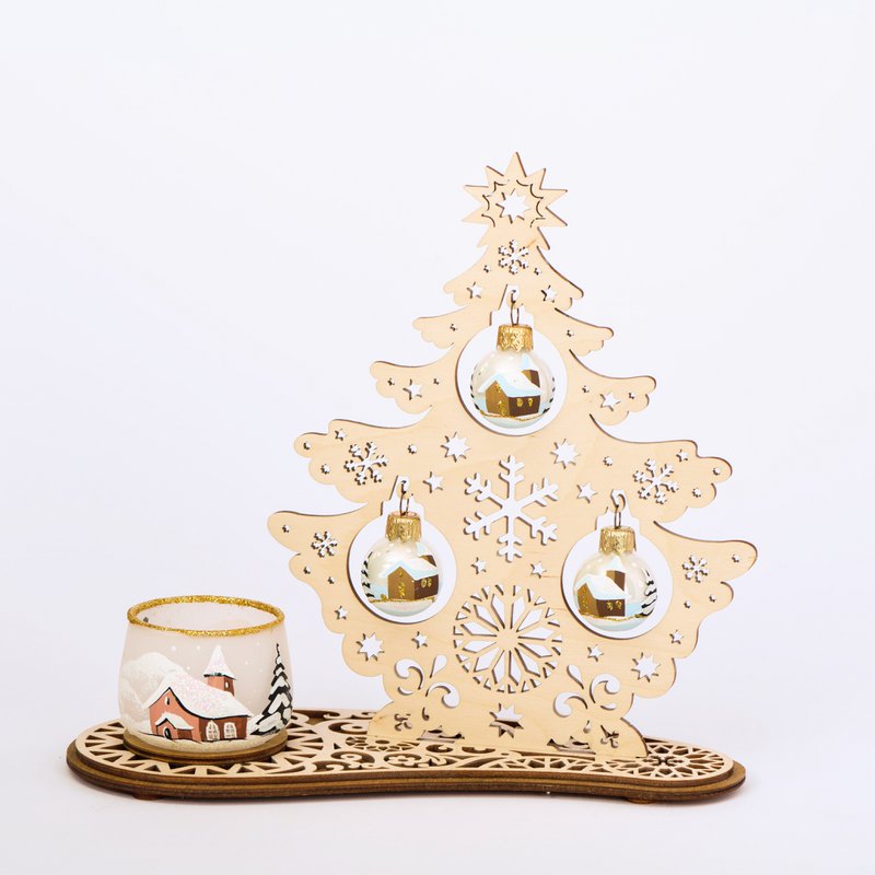 Tannenbaum Set mit Windlicht und Weihnachtskugeln