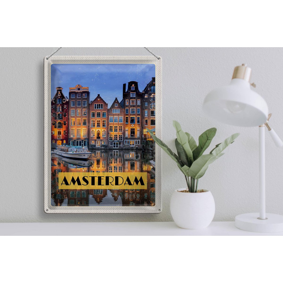 Tin sign travel 30x40cm Amsterdam at night travel destination