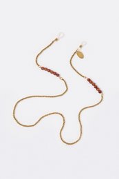 A brown beaded glasses chain with a gold clasp. The chain has a natural, earthy aesthetic and is designed to hold and secure sunglasses.